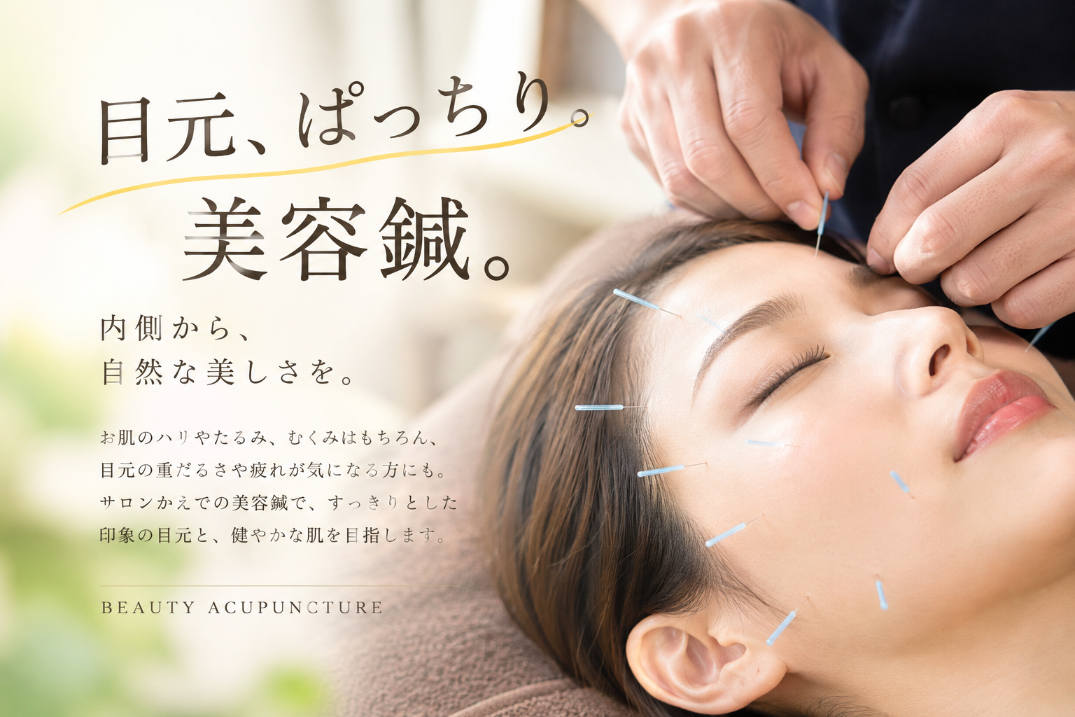 サロンかえでの美容鍼。目元、ぱっちり。内側から、自然な美しさを。肌のハリやたるみ、むくみ、目元の重だるさや疲れが気になる方へ。